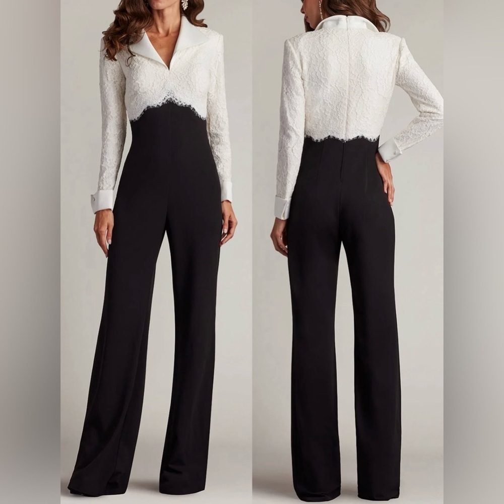NEW Tadashi Shoji Deacon Collar ivory black Jumpsuitsz 16